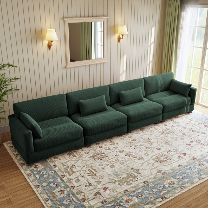 Maelina 4 - Piece Upholstered Hunter Green Corduroy Modular Sectional Sofa with Pillow Back and Solid Wood Legs