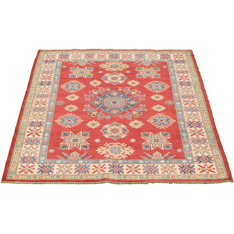 Tapis unique rouge / bleu en laine noué à la main de style années 2010 de 5 pi x 6 pi 6 po Qaiden