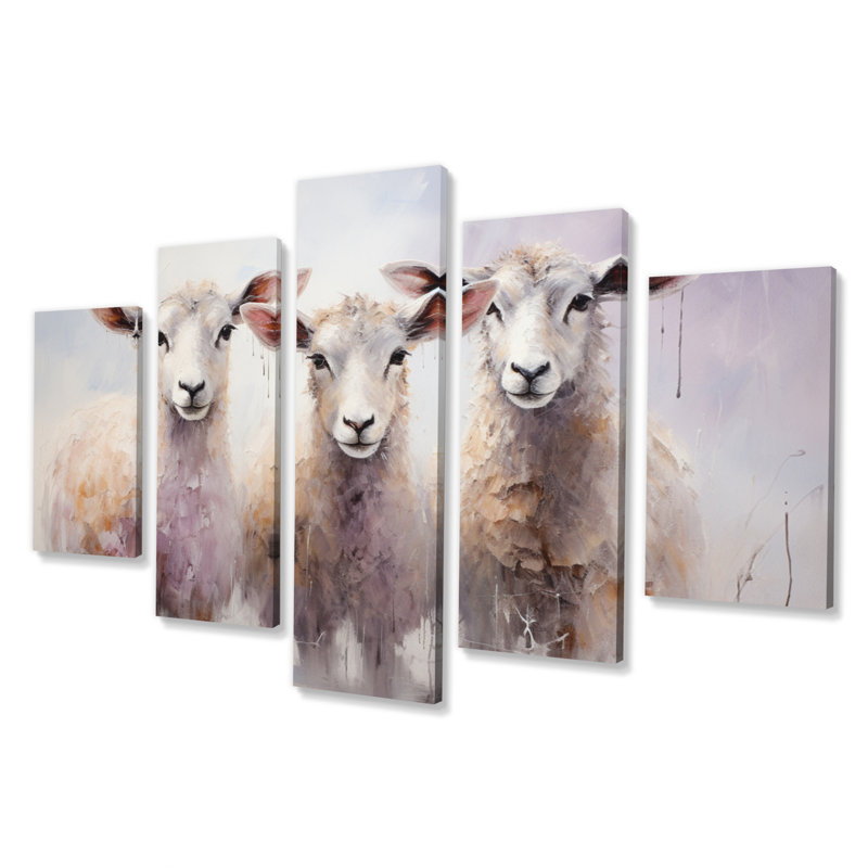 «White Pink White White Sheep Ethereal Ewes II», art mural sur toile animaux - 5 panneaux