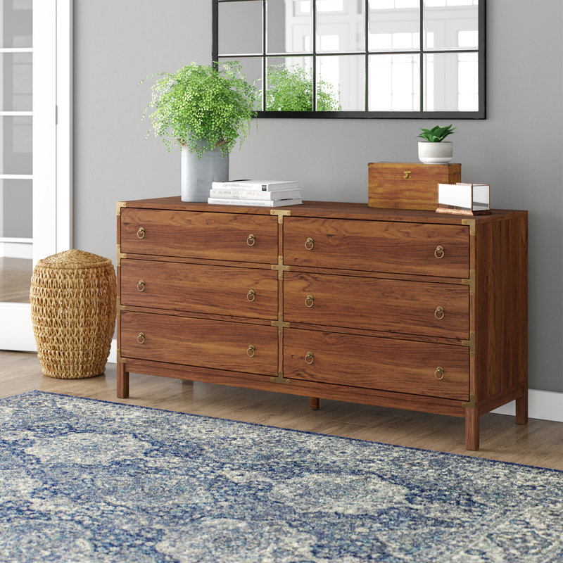 Akyah 60.7" W 6-Drawer Double Dresser with Ring Pulls, Brown