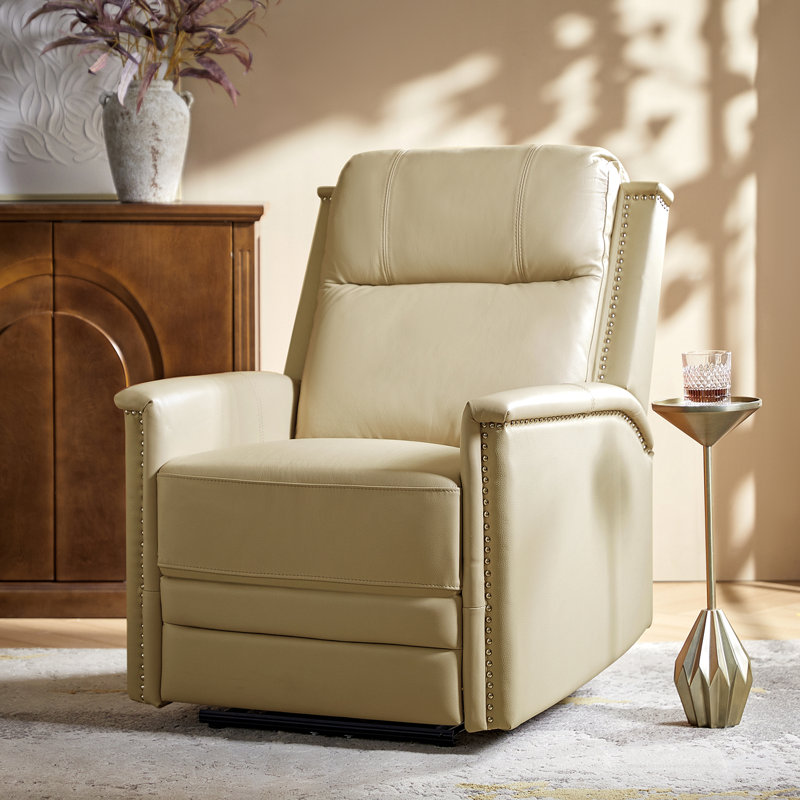 Fauteuil inclinable électrique en cuir véritable avec garniture cloutée et port USB intégré, Cuir véritable beige