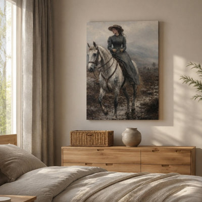 Antique Oil Painting Style Canvas Wall Art, Victorian Woman Riding Dapple Gray Horse on Foggy Wet Moor Retro Muted Country Landscape Vertical Bedroom Wall Decor