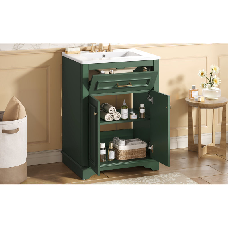 Meuble-lavabo de 61 cm (24 po) avec lavabo en céramique, 2 portes, 1 tiroir basculant, design compact, esthétique contemporaine, quincaillerie assortie, armoire intégrée à 2 portes, style moderne