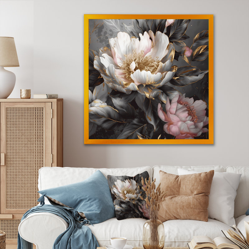 Pivoines roses et grises en fleurs II - impressions de pivoines, H 16 po x l 16 po, Cadre doré