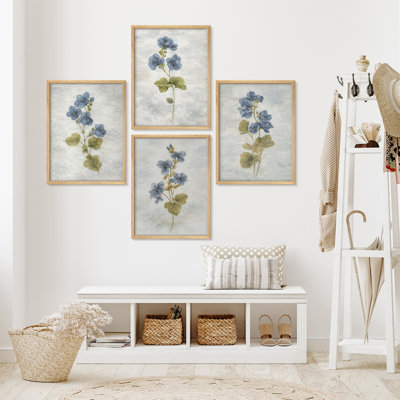 Vintage Blue Floral Botanical Framed Wall Art Prints Set of 4 - Classic Herb Illustration for Living Room Bedroom