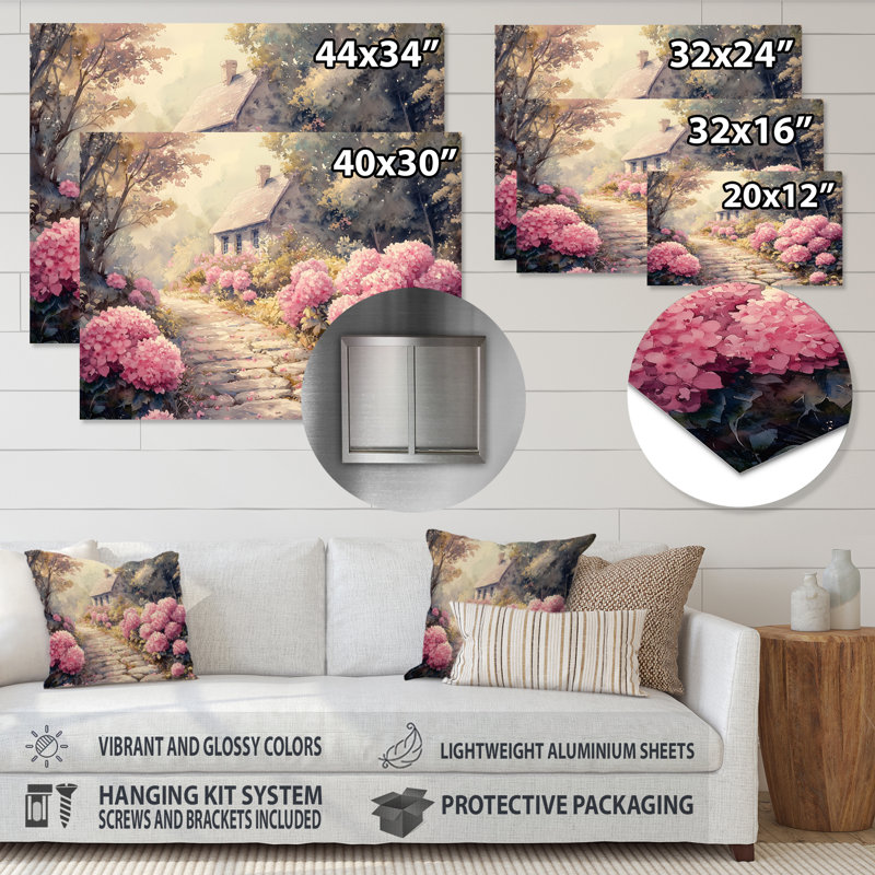 Hortensias par le chemin de pierre IV - hydrangées, impression murale en métal, H 28 po x l 60 po