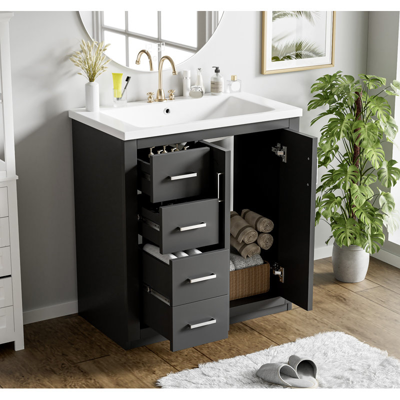 Meuble-lavabo 30 po avec lavabo en céramique et meuble de rangement en bois massif, Argent argent, Noir, noir, noir, noir