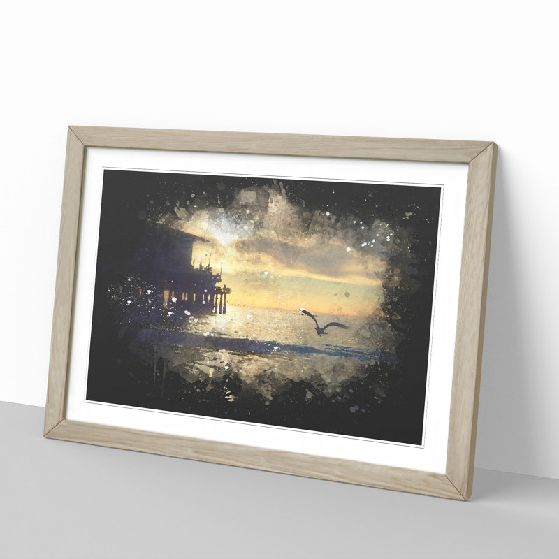 Seagull by The Pier Paint Splash - Picture Frame Graphic Art, 48cm H x 65cm W x 2cm D, Oak