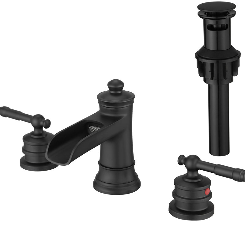 8 Inch Widespread Bathroom Faucet , Black With Pop Up Drain And 2 Lever Handle Basin Faucet, Matte Double For Sink