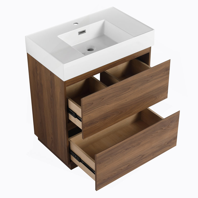 Meuble-lavabo 30 po avec lavabo simple, meuble-lavabo encastré moderne avec double tiroir, meuble-lavabo autoportant, bois d'ingénierie, brun