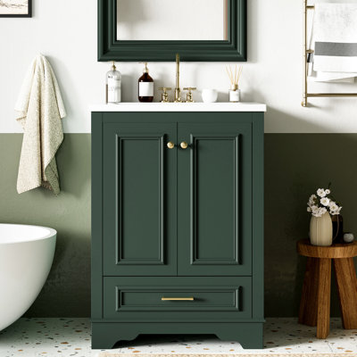 Armoire de salle de bain moderne avec lavabo en céramique de 24 po, meuble-lavabo à poignées fonctionnelles et argentées, tablettes réglables