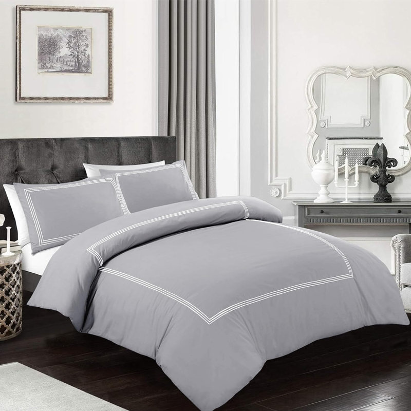 Cotton Blend Duvet Cover Set with Pillowcases, Grey/White, Double Duvet Cover + 2 Pillowcases