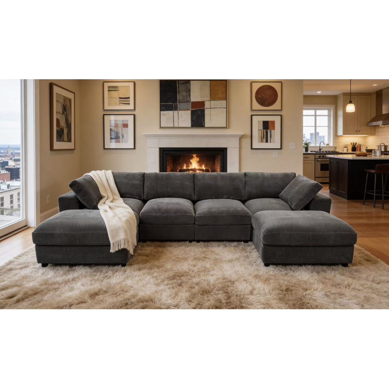 Canapé et chaise modulaire réversible de 138 po de largeur Aprea, Velours côtelé gingembre