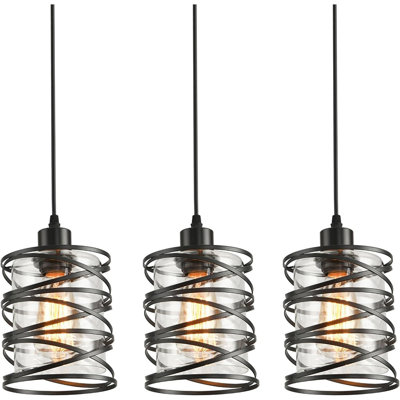 3 Pack Pendant Light Kitchen Island Pendant Lighting, Hanging Light With Spiral Cage Clear Glass Shade, Black Modern Indoor Hanging Lamp For Dining Room Kitchen Island