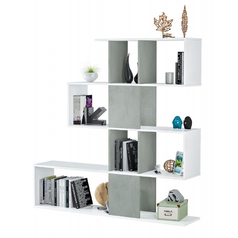 Bookshop Pueblo, Bookcase With 7 Compartments, Modern Office Shelf, Wall Unit With Shelves, White/Grey