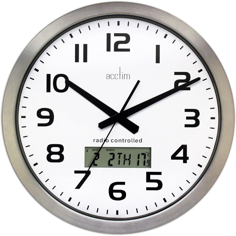 Acctim Meridian Wall Clock Radio Controlled Spun Aluminium Synchronised LCD Display Date & Thermometer 38cm