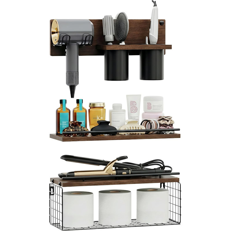 Ensemble de 3 tablettes murales pour salle de bain, étagère murale pour salle de bain avec porte-séchoir et range-outils