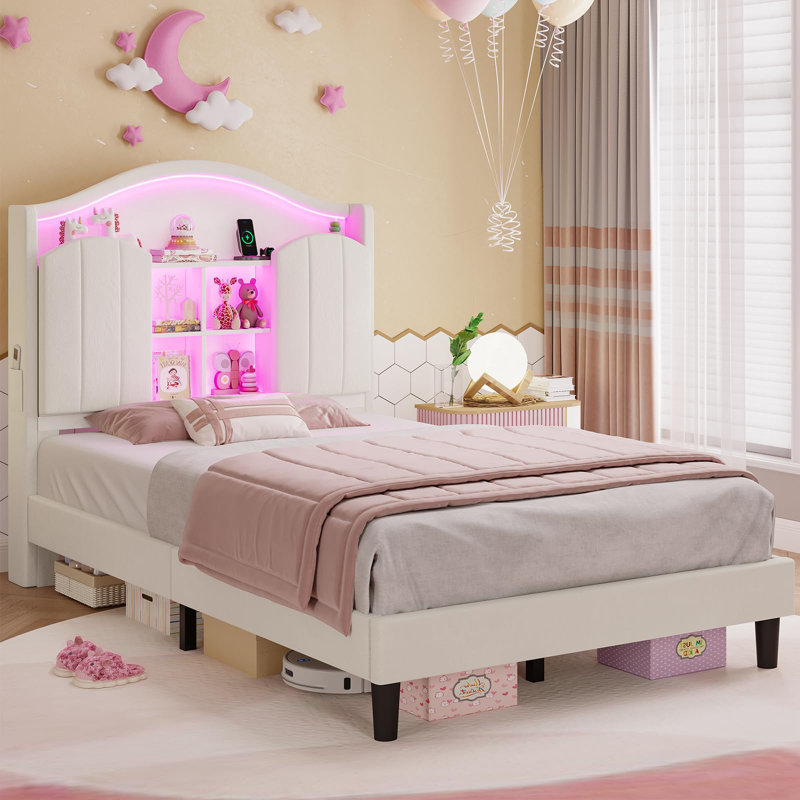 Twin Bed With Upholstered Storage Headboard, Princess Twin Platform Bed With Led Lights & Charging Station,No Box Spring Needed,Noise-Free
