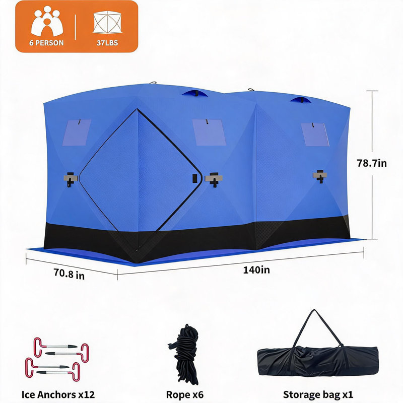 Insulated Pop Up Ice Fishing Tent, Blue, 70.8"x140"x78.7"