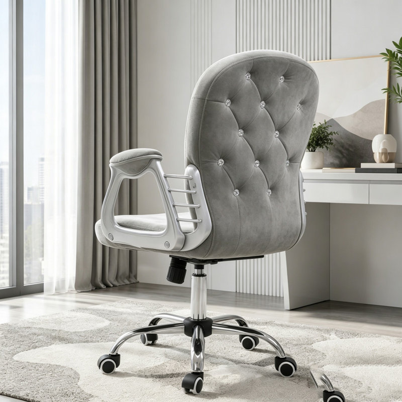 Chaise de bureau en velours capitonnée, Tissu, Gris, Gris