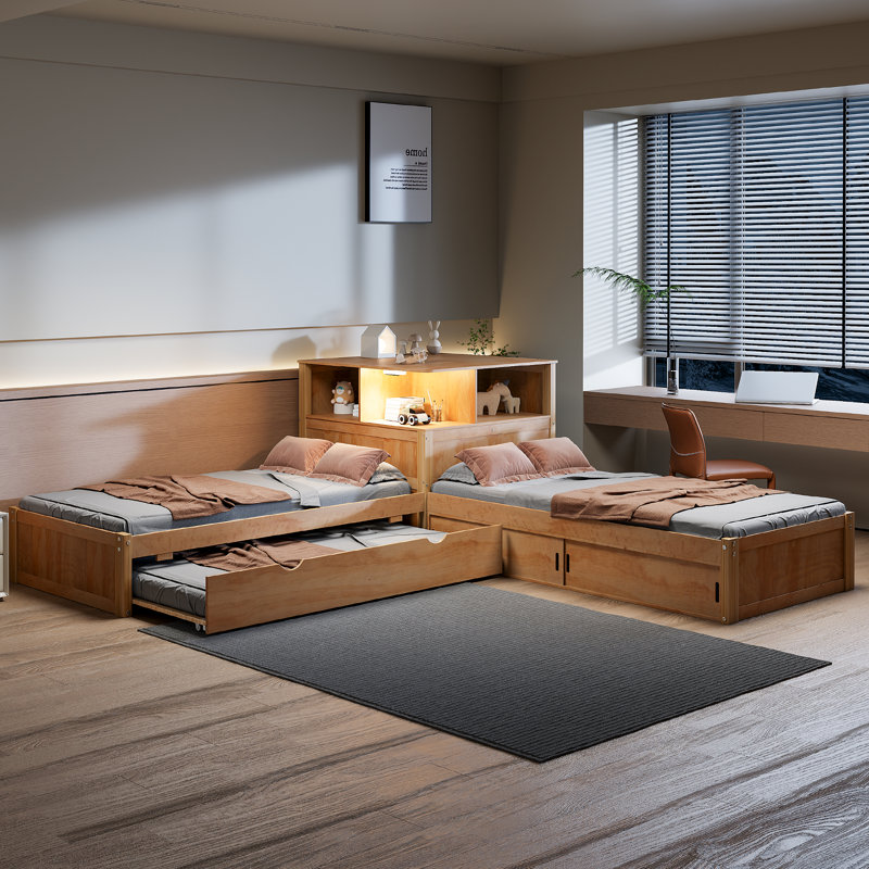 Lit plateforme simple en L avec lit gigogne, armoires de rangement, bureau et lumière DEL - Lit d'angle peu encombrant, naturel
