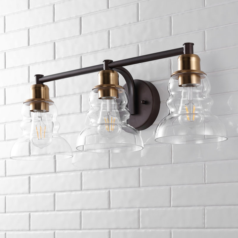 Swartwood Vintage Metal/Glass Industrial Rustic LED Vanity, Brass Gold/Oil Rubbed Bronze, 3