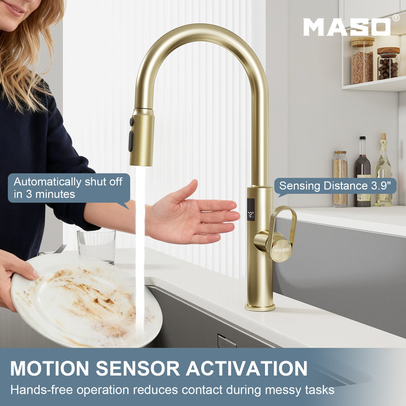 MASO Touchless Kitchen Faucet with Pull-Down Sprayer, Fahrenheit Temperature Display, 3 Spray Modes, 360° Swivel, Commercial Modern Faucet for RV, Farmhouse, Camper, Laundry & Bar,Brushed Gold