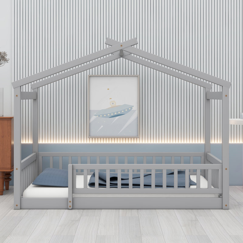 Wooden House Bed Frame with Decorative Fence, Gray