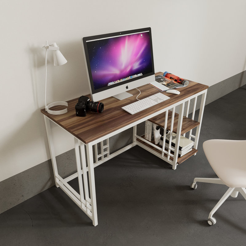 Bureau asymétrique avec structure en métal et finition noyer avec 2 tablettes