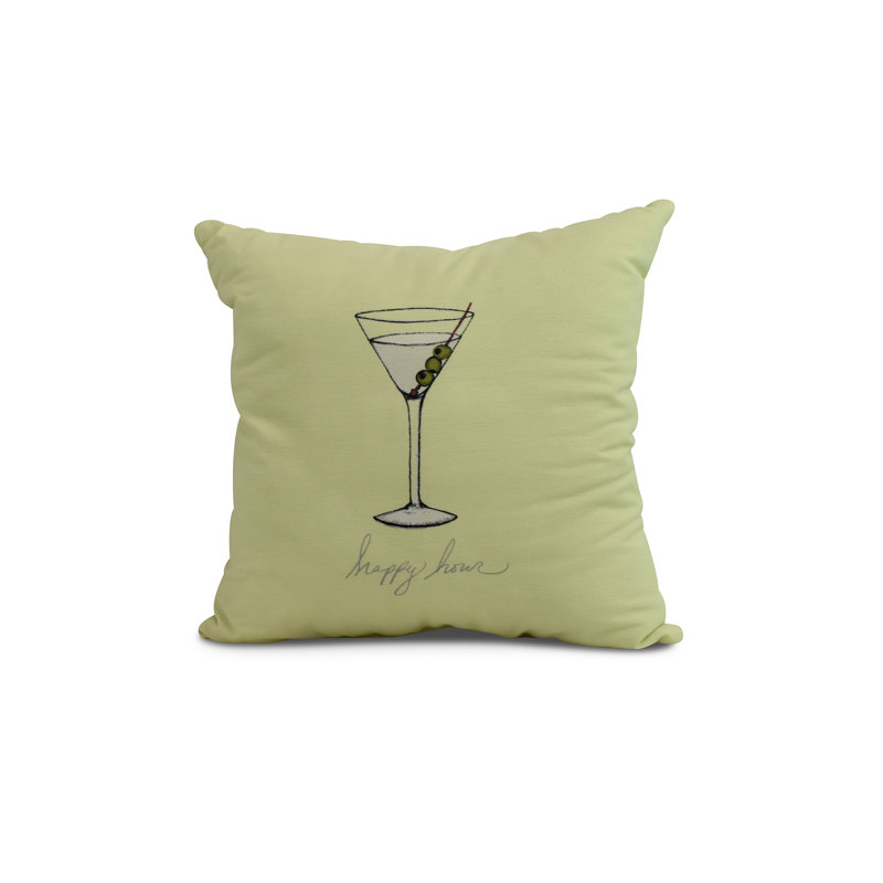 Palm Beach Martini Glass Happy Hour Print Outdoor Square Pillow Cover and Insert, 16" x 16", Light Green