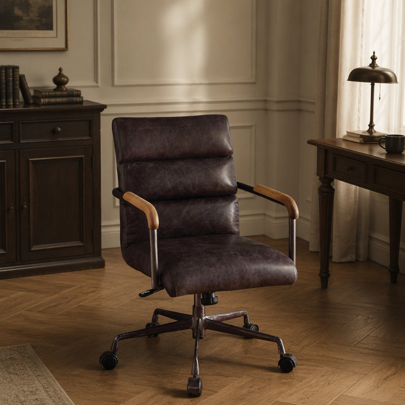 Fauteuil de bureau Harith en cuir pleine fleur couleur ardoise antique, avec fonction de chauffage et de massage par vibration, réglages ajustables et fonction inclinable.