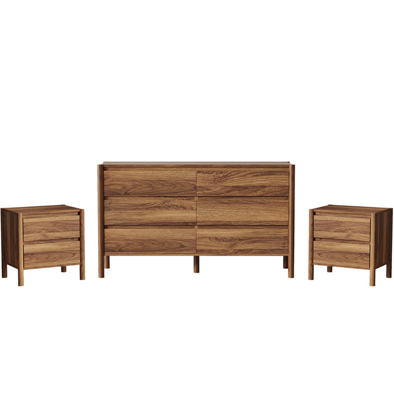 Ensemble de chambre à coucher 3 pièces, commode 6 tiroirs et 2 tables de chevet, brun