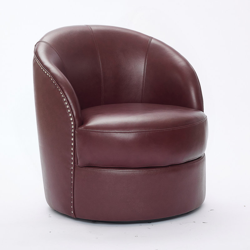 29'' Genuine Leather Swivel Barrel Chair, Black Red
