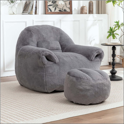 Fauteuil à billes, fauteuil à billes confortable avec dossier, avec repose-pieds, fauteuil à billes en fausse fourrure pour adultes et enfants, canapé à plancher rembourré pour salon, chambre à coucher, appartement