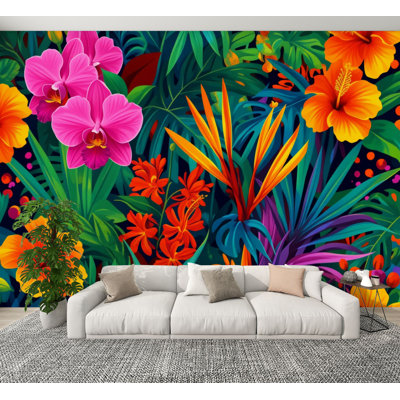 Peel and Stick Wallpaper Vibrant Tropical Floral Orchids Hibiscus Exotic Leaves Wall Murals 100"H x 144"W Removable PVC Wall Paper Self-Adhesive Wall Decor for Bedroom Living Room Home Office
