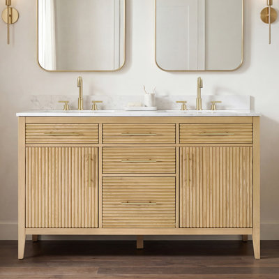 Ensemble de vanité double Felix 55 po entièrement assemblé avec comptoir et dosseret en granit blanc.