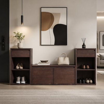Banc de rangement tout-en-un avec coussin, compartiments, tiroirs et tablettes ouvertes, banc de rangement pour couloir, vestibule, salon