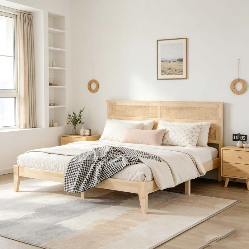 Solid Wooden Bed with Rattan Headboard, Natural, King