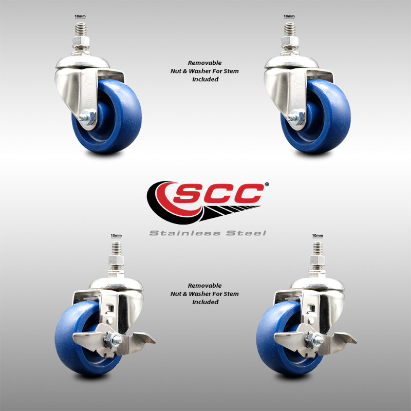 3.5 Inch 316SS Solid Polyurethane Swivel 10mm Stem Caster Set 2 Brake SCC