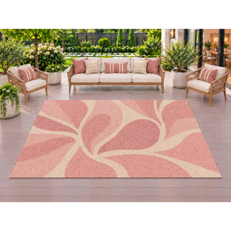 Tapis d'extérieur 5' x 7' à motif de feuilles roses, épais, solide et imperméable, en PVC bouclé, tapis de patio résistant, tapis d'intérieur/extérieur à séchage rapide pour porche, terrasse, balcon, entrée, camping-car.