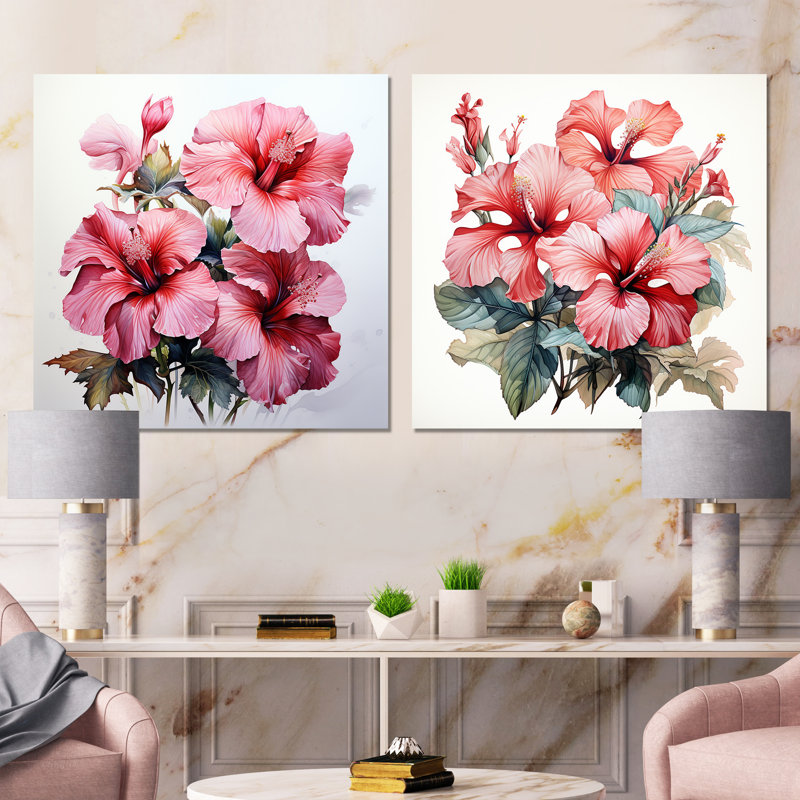 Hibiscus rose élégant tropical I - Hibiscus ensemble de 2 pièces carrées en métal, H 16 po x l 32 po