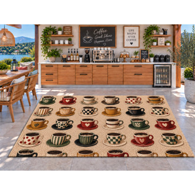 Tapis d'extérieur 5' x 7' à motif quadrillé assorti de tasses à café, en PVC épais, imperméable et résistant, à boucles enroulées, tapis de patio robuste, tapis intérieur/extérieur à séchage rapide pour cuisine, porche, terrasse, balcon, entrée.