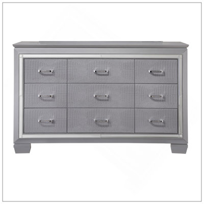 Commode miroir 1 tiroir moderne à neuf tiroirs avec quincaillerie de finition chromée et finition argentée