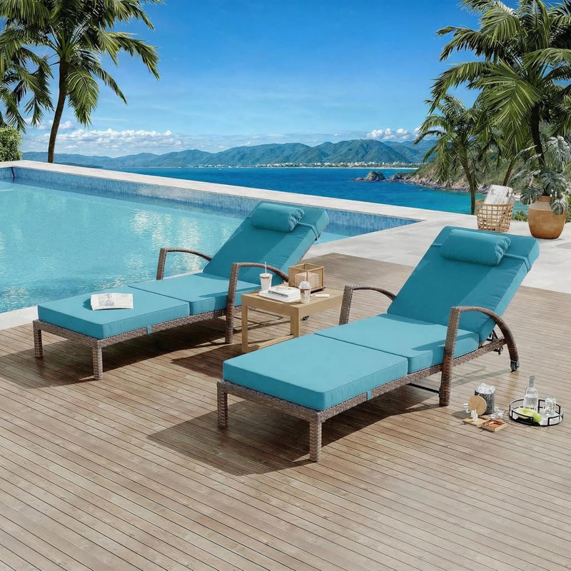 Outdoor Chaise Lounge Set of 2, Weather-Resistant PE Rattan Recliners with 5 Adjustable Positions, Wheels, Armrests, Cushions & Pillows, Collapsible for Poolside, Deck