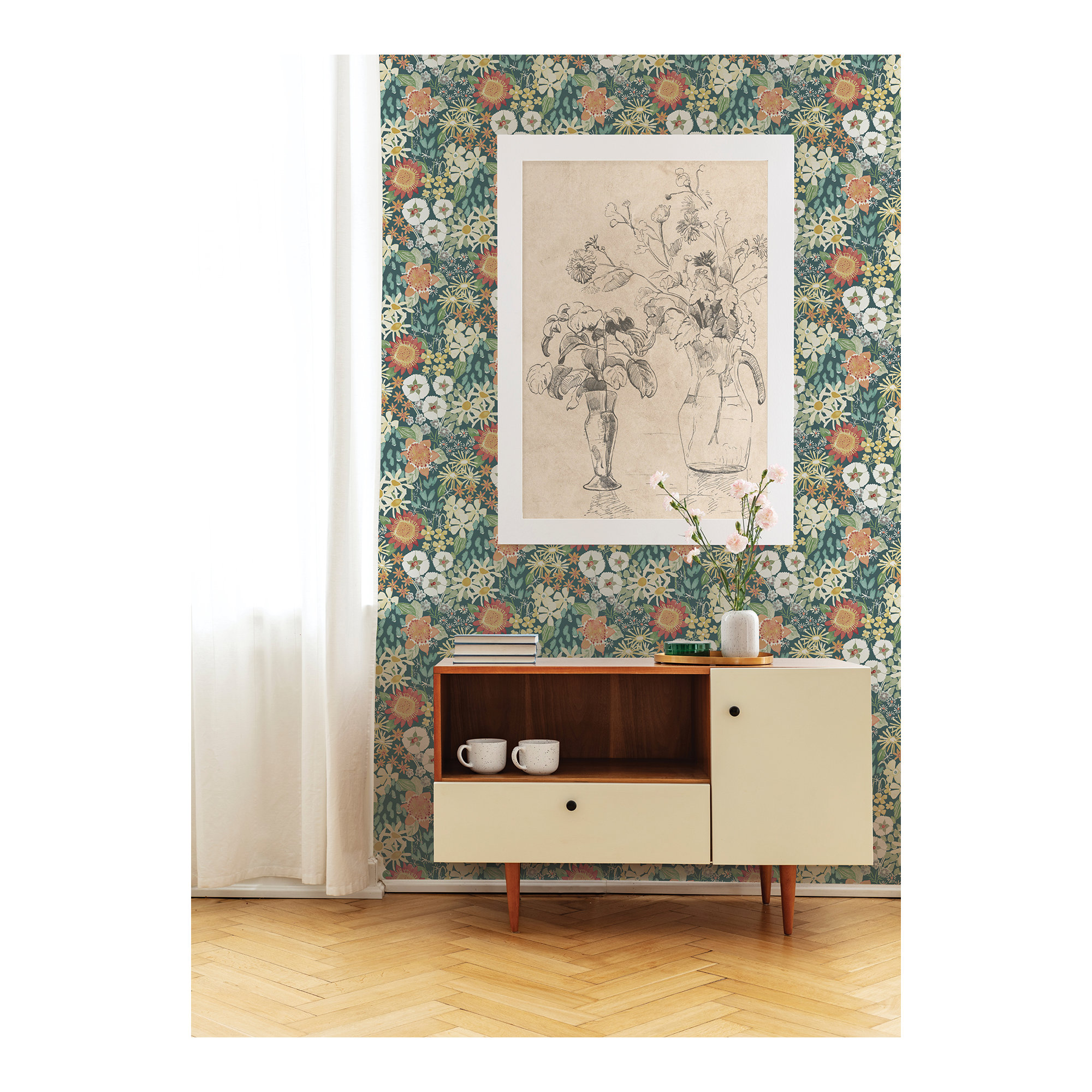 Anika Flowers Wallpaper, Teal