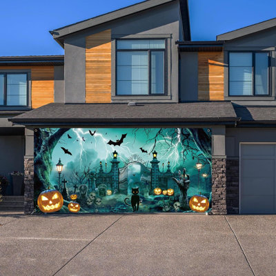 Halloween Garage Door Banner 6 X 13 Ft, Large Halloween Hanging Backdrop Door Cover - Halloween Garage Wall Decorations For Outdoor Home Yard Halloween Decor Party Photo Backgrounds