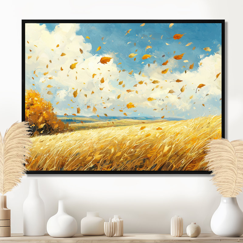 Blue Windy Prairie Leaves - feuilles, art mural, Noir, H 12 po x l 20 po, Cadre flottant