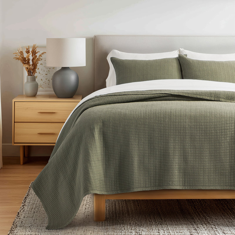 EverGrace 100% Cotton Quilt, Pre-Washed Modern Grid Stitch Lightweight Bedspread Coverlet For All Season, Oversized 3-Piece Quilt Set With 2 Pillow Shams