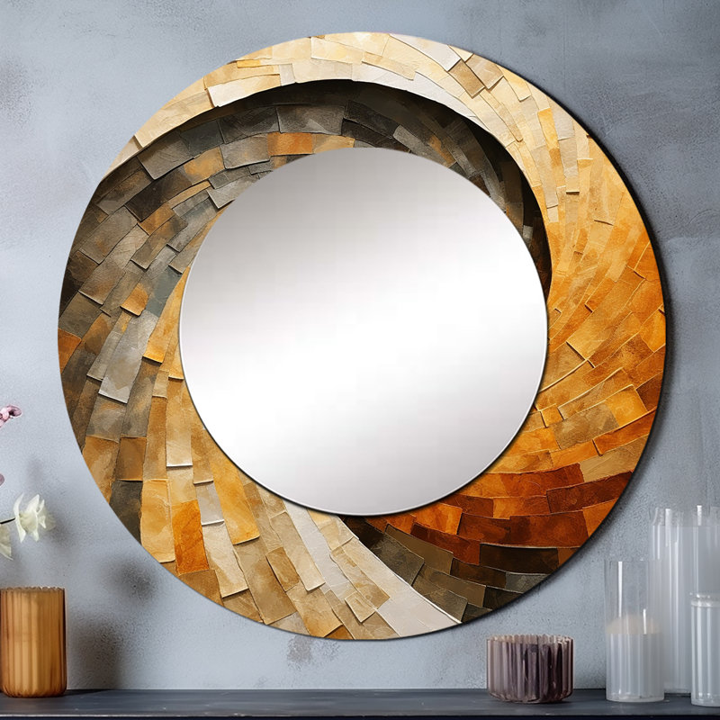 Sharlen Orange Beige Minimalism Spiral Poteries - Abstract Spirals Unique Wall Mirror Decor, Beige Large Round Mirror, Printed Metal Art
