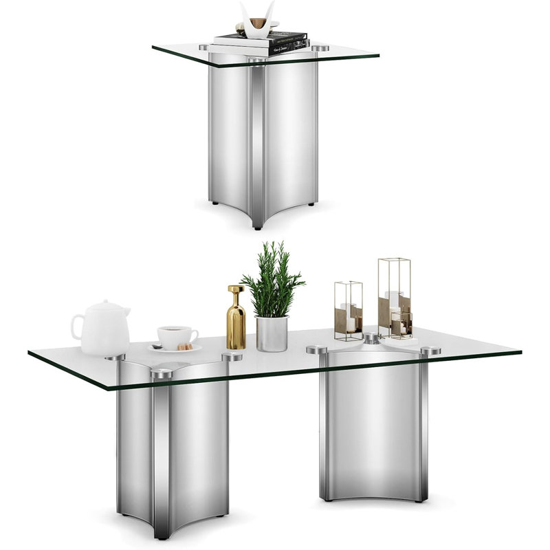 Ensemble de table de salon 2 pièces en verre et argent